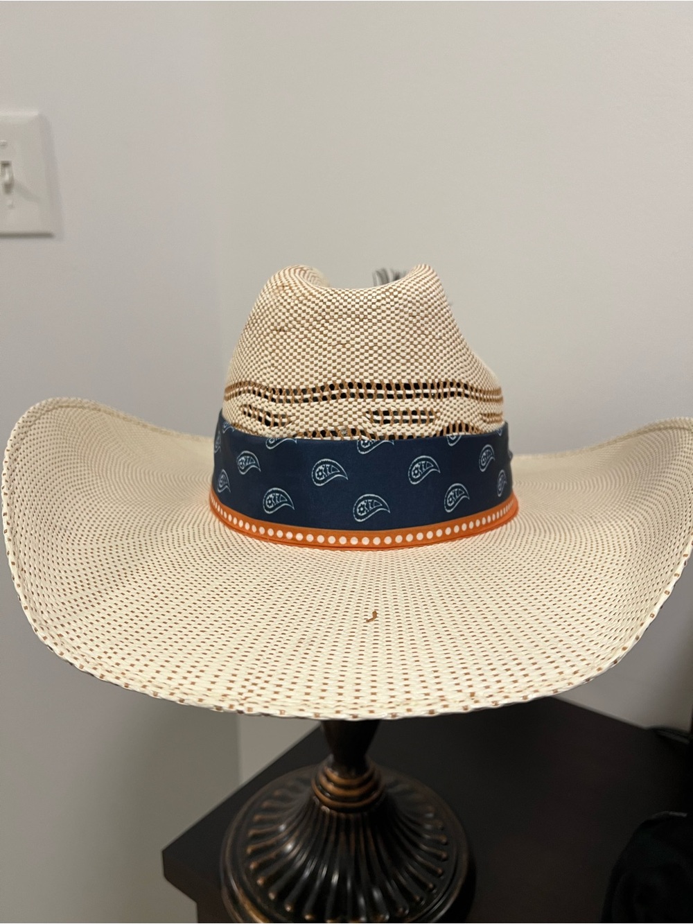 Cream Straw Western Hat with Navy Band and Orange Trim